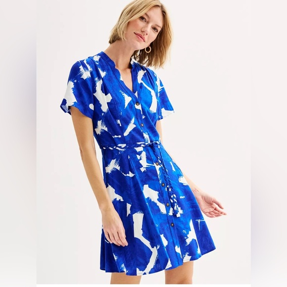 Nine West Flutter Sleeve Button Front Godet Dress Santorini Blue Rayon Linen Med - Picture 1 of 6